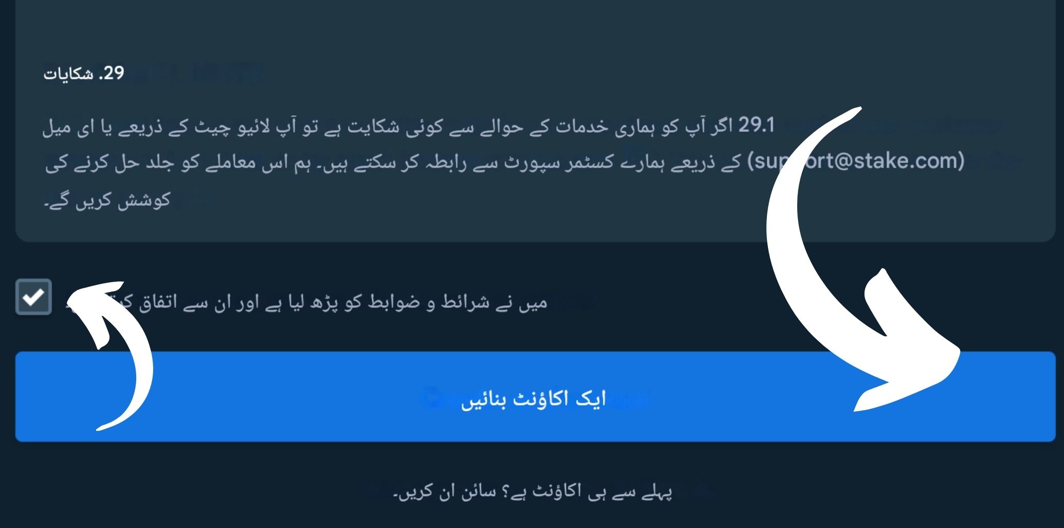 Stake شرائط قبول کریں۔